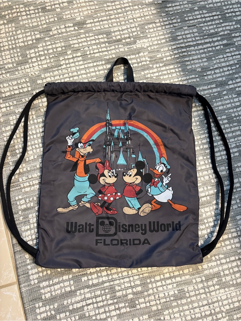 Disney Black Drawstring Backpack with Retro Character Print